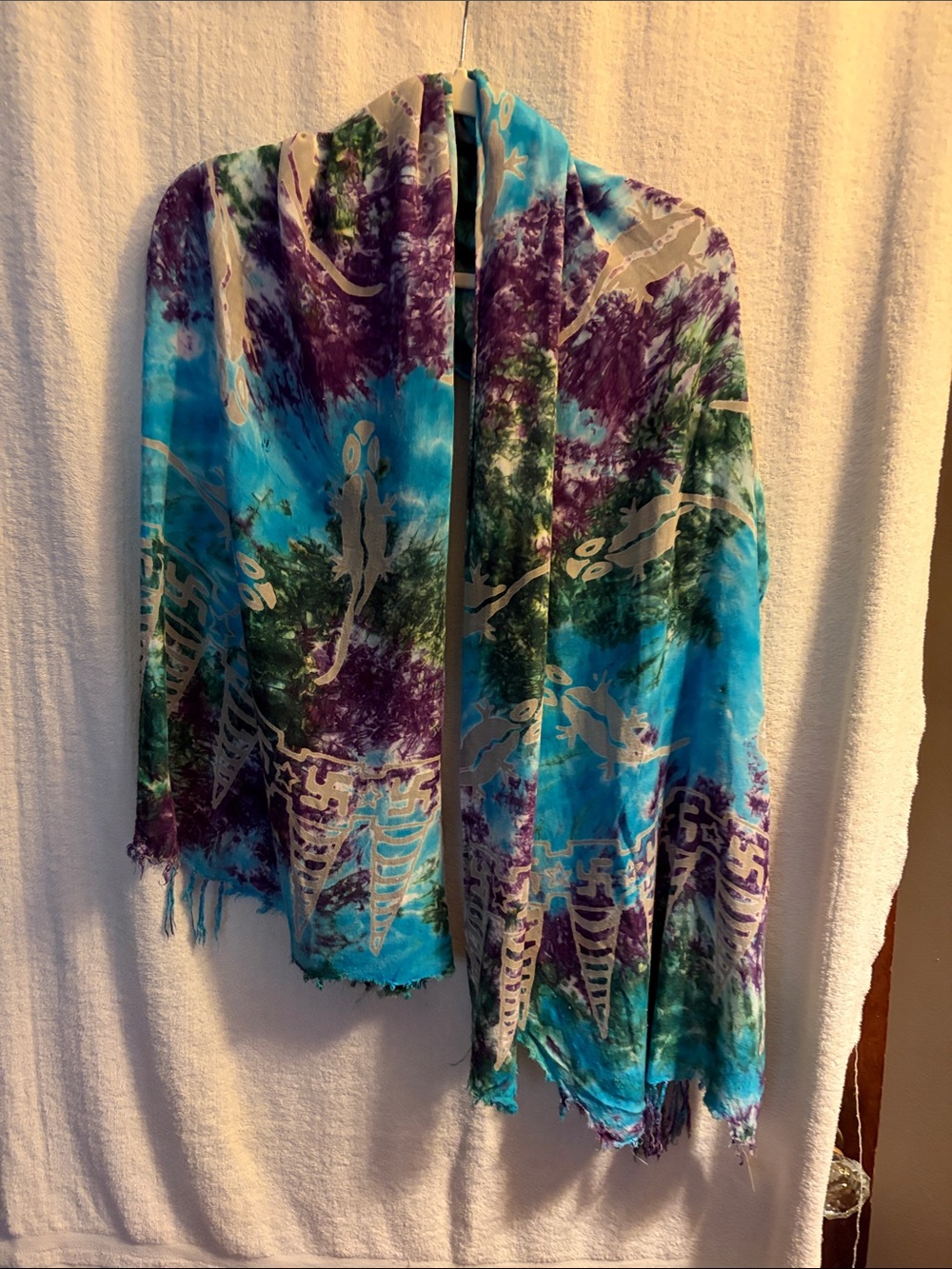 Vibrant Tie-Dye Fringe Scarf Wrap in Blue, Purple & Green
